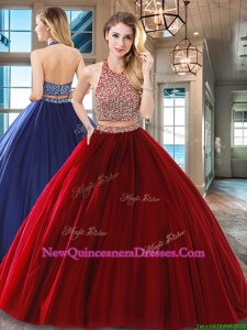 Low Price Halter Top Floor Length Backless Ball Gown Prom Dress Wine Red and In for Military Ball and Sweet 16 and Quinceanera withBeading