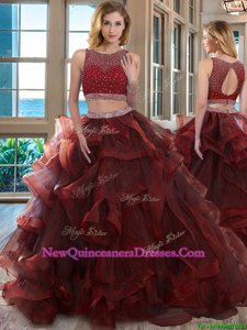 Admirable Burgundy Scoop Neckline Beading Sweet 16 Dress Sleeveless Backless