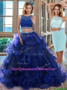 Chic Scoop Royal Blue Two Pieces Beading 15th Birthday Dress Backless Organza Sleeveless Floor Length