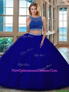 Nice Scoop Beading Quinceanera Gowns Royal Blue Backless Sleeveless Floor Length