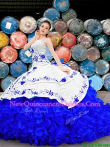 Custom Designed White and Blue Organza and Taffeta Lace Up Sweet 16 Quinceanera Dress Sleeveless With Brush Train Embroidery and Ruffles