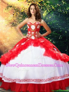 Fitting White And Red Organza and Taffeta Lace Up 15 Quinceanera Dress Sleeveless Floor Length Embroidery and Ruffles