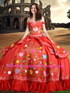 Sumptuous Off the Shoulder Red Ball Gowns Embroidery and Bowknot Sweet 16 Dress Lace Up Taffeta Sleeveless Floor Length