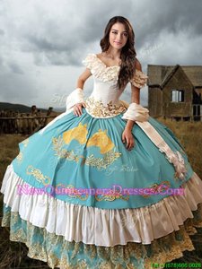 Eye-catching Blue And White Lace Up Off The Shoulder Lace and Embroidery and Ruffled Layers 15th Birthday Dress Taffeta Short Sleeves