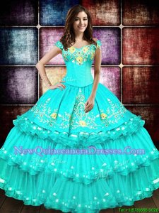 Dazzling Off the Shoulder Turquoise Sleeveless Embroidery and Ruffled Layers Floor Length 15th Birthday Dress