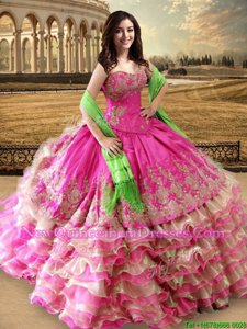 Sweet Floor Length Hot Pink Quinceanera Gowns Organza and Taffeta Sleeveless Spring and Summer and Fall and Winter Beading and Embroidery and Ruffled Layers