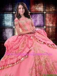 Wonderful Off the Shoulder Watermelon Red Taffeta Lace Up 15 Quinceanera Dress Sleeveless Floor Length Beading and Embroidery and Ruffled Layers