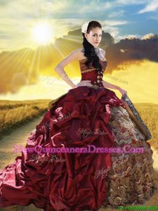 Luxury Pick Ups Ruffled Burgundy Sleeveless Taffeta and Lace Court Train Lace Up Quinceanera Dress for Military Ball and Sweet 16 and Quinceanera