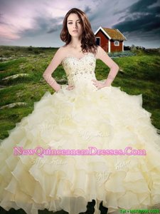 Most Popular Floor Length Light Yellow Ball Gown Prom Dress Organza Sleeveless Spring and Summer and Fall and Winter Beading and Ruffled Layers