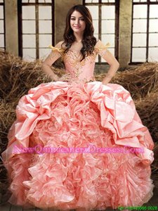 Sexy Off the Shoulder Baby Pink and Peach Organza and Taffeta Lace Up Vestidos de Quinceanera Sleeveless Floor Length Beading and Ruffles and Pick Ups