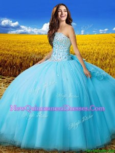 Discount Aqua Blue Strapless Lace Up Beading and Bowknot Quinceanera Dress Sleeveless