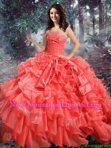 Luxurious Floor Length Coral Red 15th Birthday Dress Organza Sleeveless Spring and Summer and Fall and Winter Beading and Ruffles