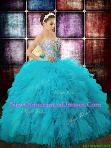 Edgy Sequins Ball Gowns Sweet 16 Quinceanera Dress Aqua Blue Off The Shoulder Tulle Sleeveless Floor Length Zipper