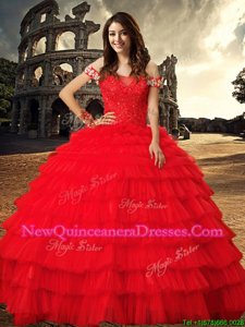 Off the Shoulder Red Tulle Lace Up Vestidos de Quinceanera Sleeveless With Train Chapel Train Beading and Ruffled Layers