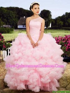 One Shoulder Sleeveless Tulle Floor Length Lace Up Sweet 16 Dresses inBaby Pink withBeading