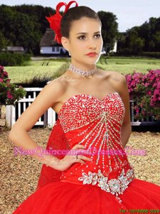 Stunning Red Ball Gowns Beading and Lace Vestidos de Quinceanera Lace Up Tulle Sleeveless With Train