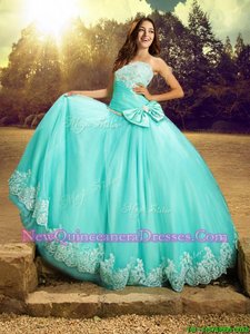 Discount Tulle Strapless Sleeveless Lace Up Beading and Lace and Bowknot Sweet 16 Quinceanera Dress inApple Green