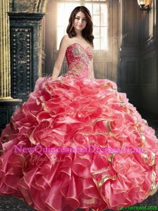 Organza Sweetheart Sleeveless Lace Up Beading and Ruffles Quinceanera Gown inWatermelon Red