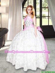 Customized Spring and Summer and Fall and Winter Fabric With Rolling Flowers Sleeveless Floor Length 15th Birthday Dress andBeading and Bowknot