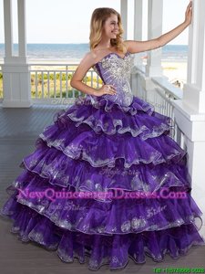 Customized Purple Ball Gowns Sweetheart Sleeveless Organza Floor Length Lace Up Beading and Ruffled Layers Sweet 16 Dresses