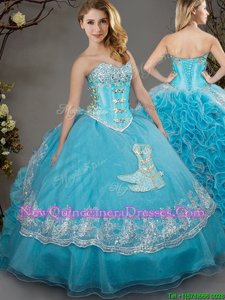 Unique Baby Blue Ball Gowns Beading and Lace and Appliques Quinceanera Dress Lace Up Organza Sleeveless Floor Length