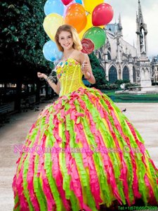 Exquisite Floor Length Multi-color Quinceanera Gown Chiffon Sleeveless Spring and Summer and Fall and Winter Lace and Ruffles