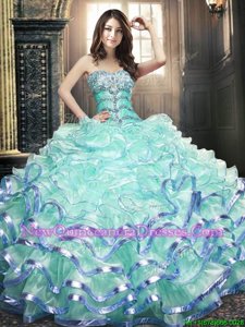 Delicate Floor Length Turquoise Sweet 16 Dresses Organza Sleeveless Spring and Summer and Fall and Winter Beading and Ruffled Layers