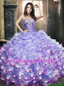 Spectacular Ruffled Sweetheart Sleeveless Lace Up Quinceanera Dress Lavender Organza