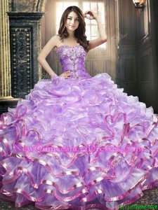 Suitable Ruffled Lavender Sleeveless Organza Lace Up Quince Ball Gowns for Military Ball and Sweet 16 and Quinceanera