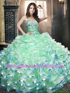 Dazzling Apple Green Sleeveless Floor Length Beading and Ruffled Layers Lace Up Ball Gown Prom Dress