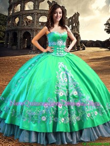 Extravagant Ball Gowns 15th Birthday Dress Turquoise Off The Shoulder Satin Sleeveless Floor Length Lace Up