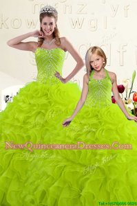 Customized Organza Sweetheart Sleeveless Lace Up Beading and Ruffles Sweet 16 Dresses inYellow Green