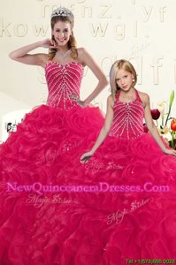 Stylish Hot Pink Organza Lace Up Vestidos de Quinceanera Sleeveless Floor Length Beading and Ruffles