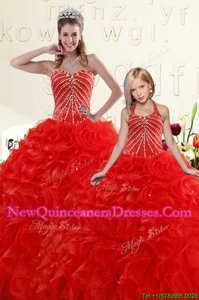 Fantastic Beading and Ruffles Sweet 16 Dress Red Lace Up Sleeveless Floor Length