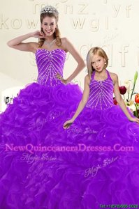 Enchanting Purple Ball Gowns Organza Sweetheart Sleeveless Beading and Ruffles Floor Length Lace Up Vestidos de Quinceanera