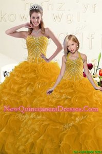 Clearance Gold Organza Lace Up Sweetheart Sleeveless Floor Length Quinceanera Gowns Beading and Ruffles