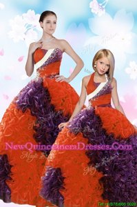 Glamorous Orange Red Ball Gowns Fabric With Rolling Flowers Strapless Sleeveless Beading and Sequins Floor Length Lace Up Sweet 16 Quinceanera Dress