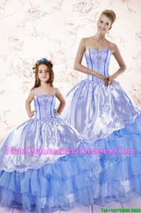 Discount Sweetheart Sleeveless Vestidos de Quinceanera Floor Length Beading and Ruffled Layers Baby Blue Organza