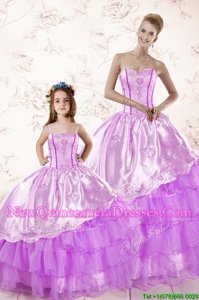 Unique Lilac Organza Lace Up Sweetheart Sleeveless Floor Length Sweet 16 Quinceanera Dress Embroidery and Ruffled Layers