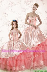 Enchanting Watermelon Red Organza Lace Up Sweetheart Sleeveless Floor Length Vestidos de Quinceanera Embroidery and Ruffled Layers