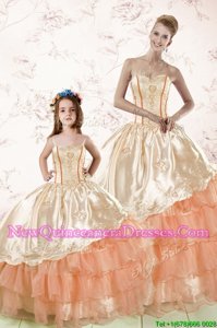 Sleeveless Floor Length Embroidery and Ruffled Layers Lace Up Quinceanera Gowns with Peach