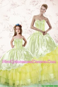 Simple Light Yellow Organza Lace Up 15 Quinceanera Dress Sleeveless Floor Length Embroidery and Ruffled Layers