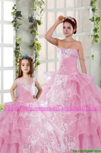 Dynamic Rose Pink Ball Gowns Organza Strapless Sleeveless Beading and Ruffled Layers and Ruching Floor Length Lace Up Quinceanera Gowns