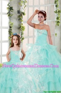 Graceful Ruffled Aqua Blue Sleeveless Organza Lace Up Quince Ball Gowns for Military Ball and Sweet 16 and Quinceanera