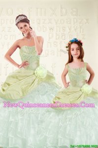 Glamorous Yellow Green Organza and Taffeta Lace Up Sweetheart Sleeveless Floor Length Quinceanera Gowns Beading and Ruffled Layers and Hand Made Flower