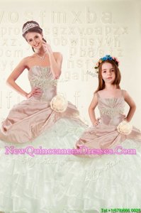 Classical Floor Length Peach 15th Birthday Dress Organza and Taffeta Sleeveless Spring and Summer and Fall and Winter Beading and Ruffled Layers and Hand Made Flower