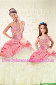 Super Pink Sweetheart Lace Up Beading and Ruffled Layers and Hand Made Flower Quince Ball Gowns Sleeveless