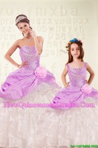 Delicate Beading and Ruffled Layers and Hand Made Flower Quinceanera Dresses Lilac Lace Up Sleeveless Floor Length