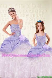 Latest Beading and Ruffled Layers and Hand Made Flower Quinceanera Gowns Lavender Lace Up Sleeveless Floor Length