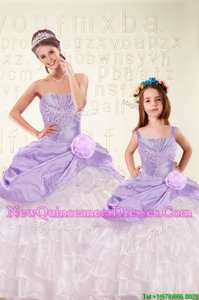 Custom Designed Sweetheart Sleeveless Quinceanera Gowns Floor Length Beading and Ruffled Layers and Hand Made Flower Purple Organza and Taffeta